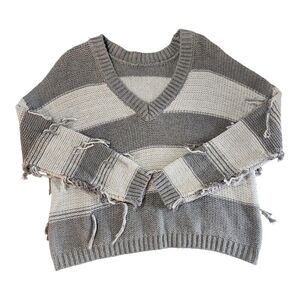 Revolve One Grey Day Gray & White Striped Distressed Knit Sweater XS - NEW